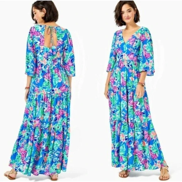 Lilly Pulitzer Rease Maxi Dress Butterfly Floral Print V Neck Tie Back Size 8 - Picture 1 of 12